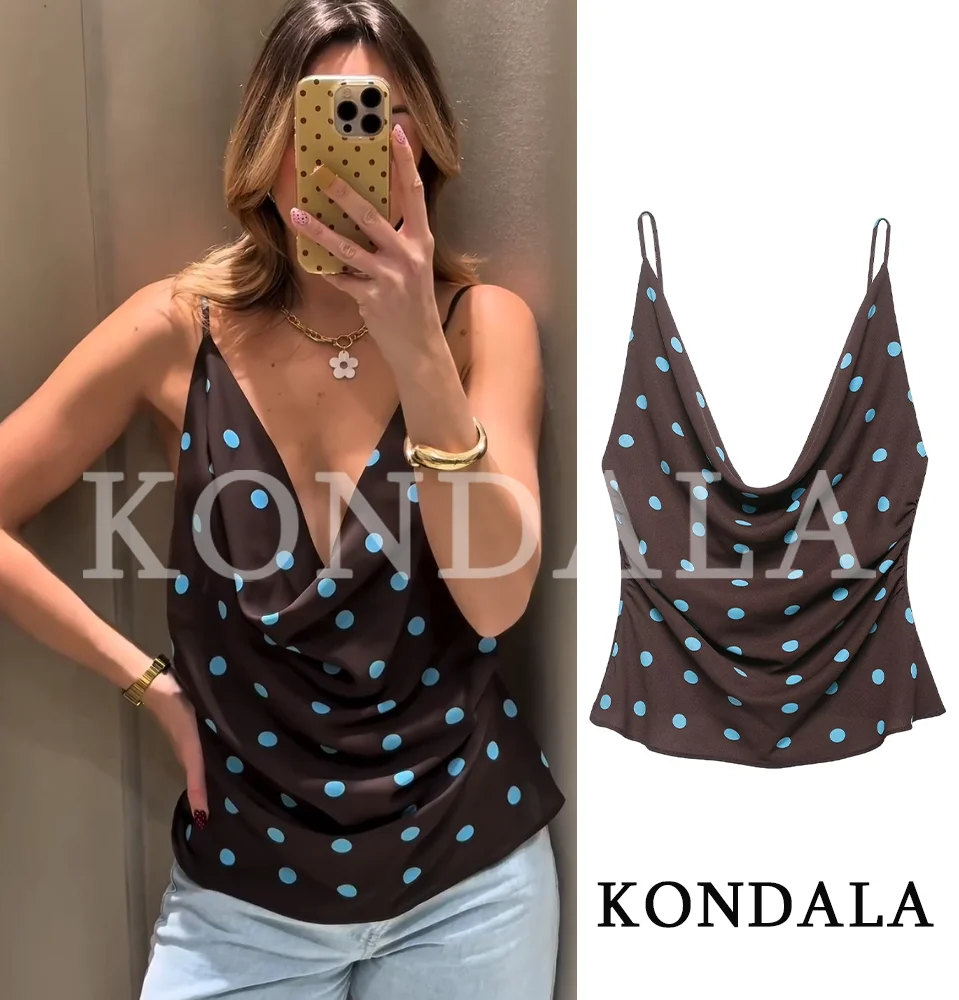 KONDALA Trendige Polka-Dot-Tops für Damen, elegante Sling-Tops mit Schwingkragen, neue Sommermode 2026, für Urlaub, Strand, Party, Damen-Tops