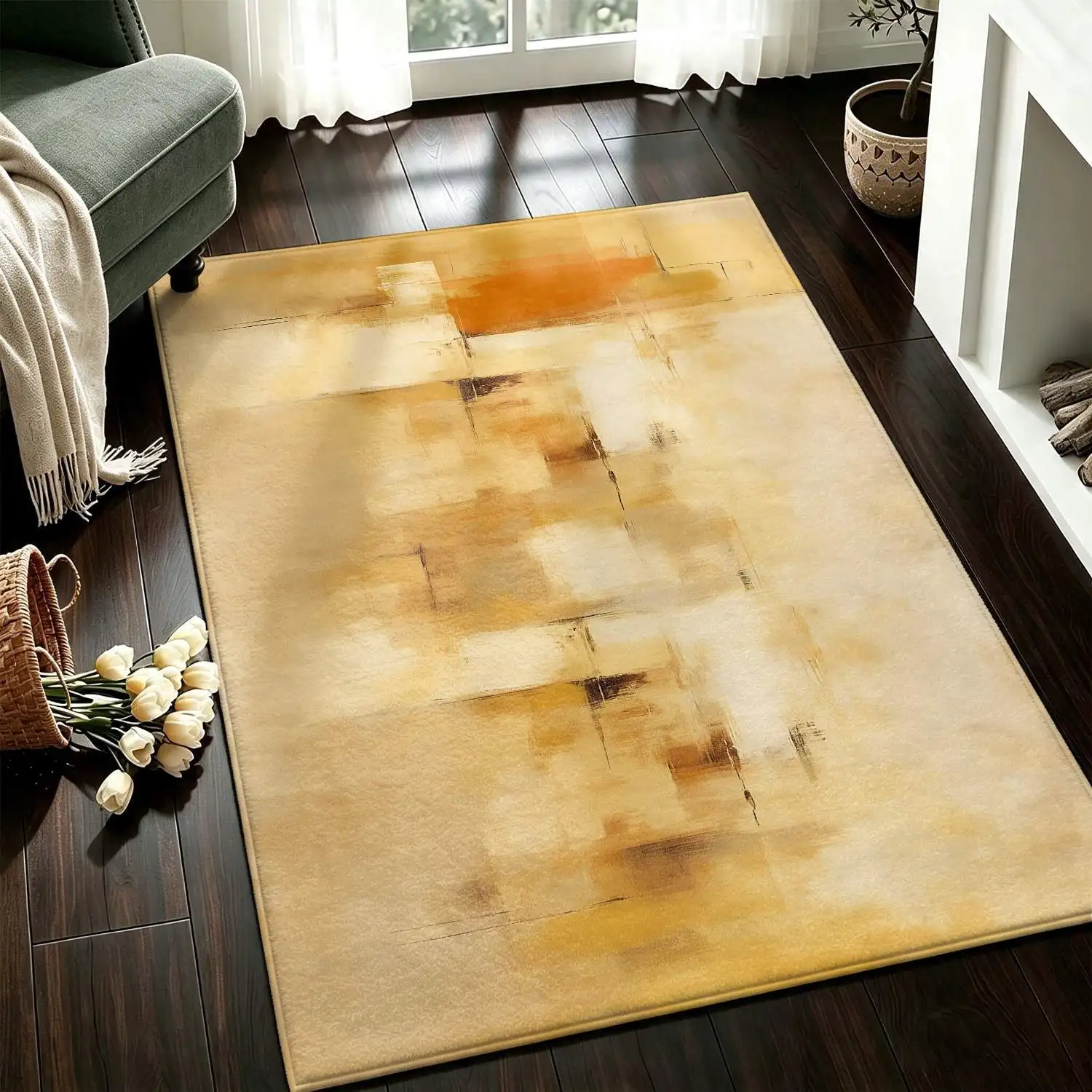 1Pc 2D Printed Carpet: Warm Yellow Abstract Geometric Patterns, Modern Minimalist, Nordic/Instagram Style, Vintage Geometric Striped, Machine Washable, Multi-Size, Suitable for Home Decor Such as Entryway, Dining Room, Foyer, Bedroom, Living Room
