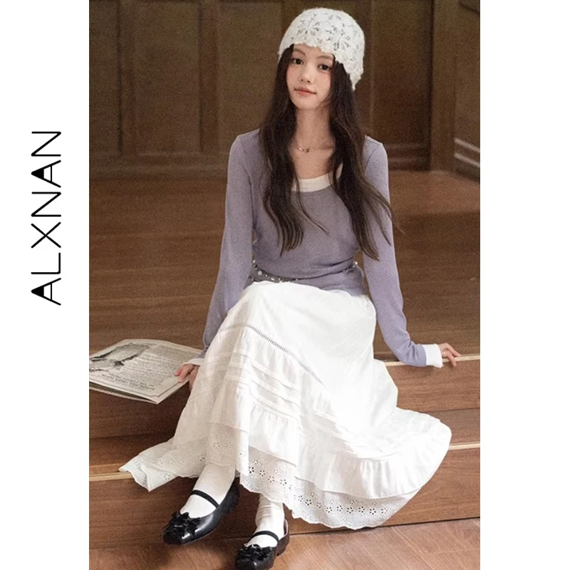 ALXNAN 女性のスカート白ロング刺繍綿 100% スカートエレガントな弾性ウエストルーズフィット女性服 L52990