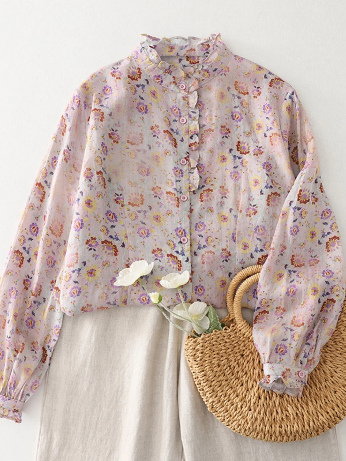 

Ретро Fre Sweet с цветочным принтом и воротником irt, женский весенний повседневный многослойный базовый слой, универсальный топ из хлопка, длинный све, на пуговицах