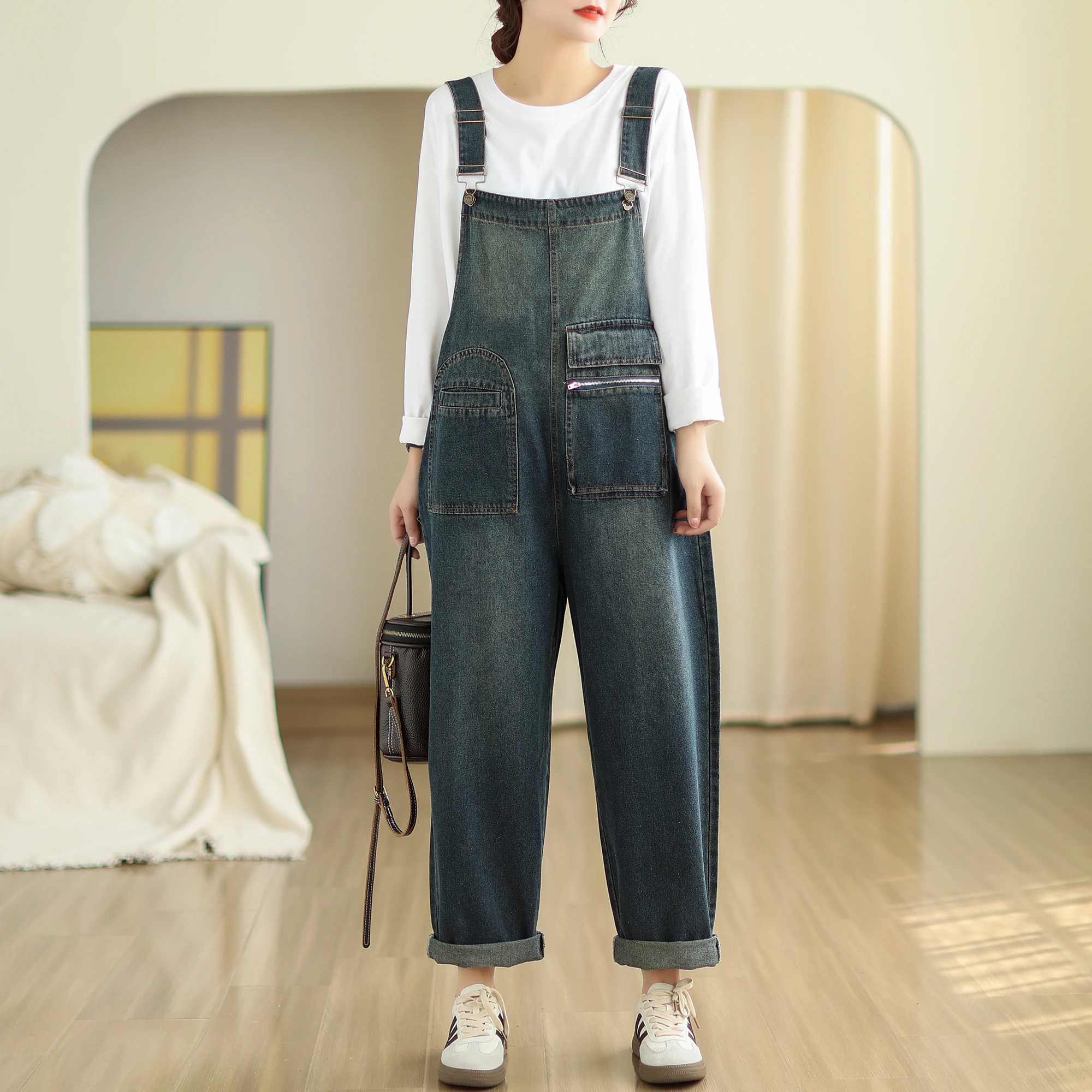 Spring Autumn Women Denim Jumpsuit Fashion Versatile Washed Pockets Patchwork Cozy Simple Office Lady Loose Casual Playsuits