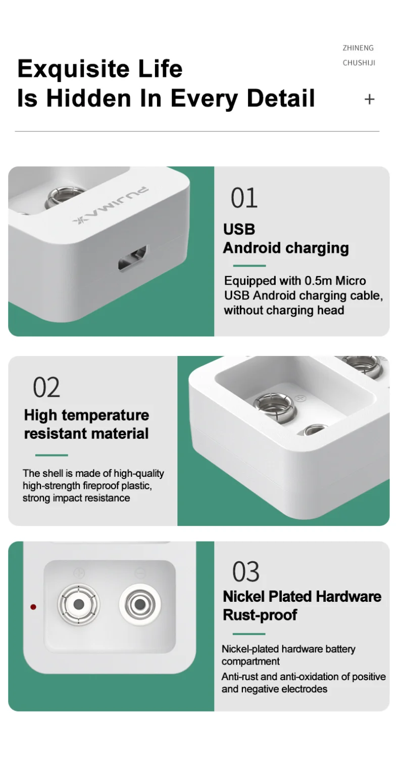 Per batterie ricaricabili agli ioni di litio da 9 V Ni-MH/Ni-Cd/Li Smart 2 slot Caricabatterie rapido da 9 V con indicatori LED Cavo USB