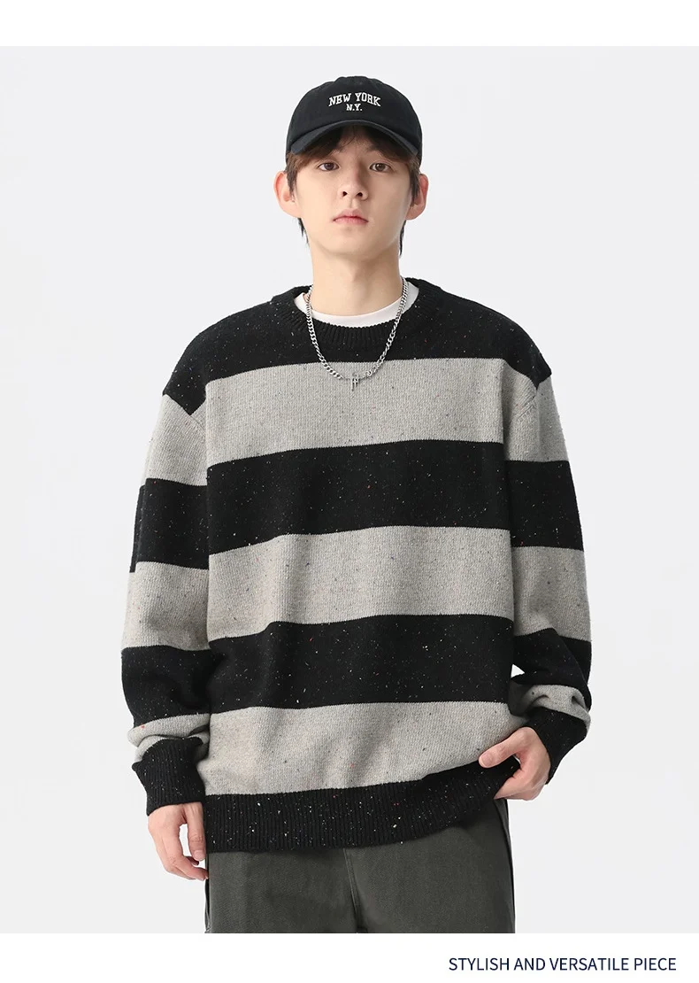 Autumn Winter Design Stripes Splicing Color Collision Round Collar Pullover Sweater Men Loose Warm Knit Sweater