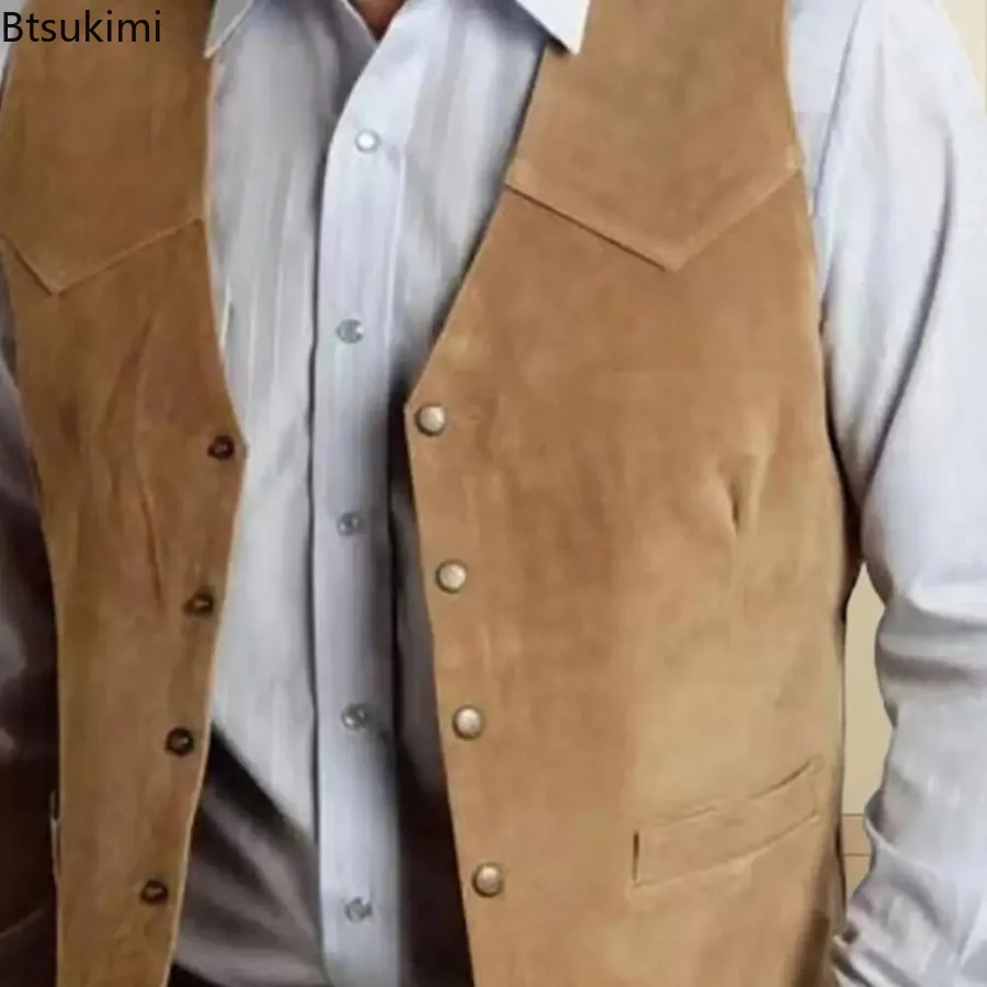 New  Men's Suede Slim Single Breasted Vests Casual Western Cowboy Vest Coats Fashion Classic Clothing for Men Vintage Suit Vests