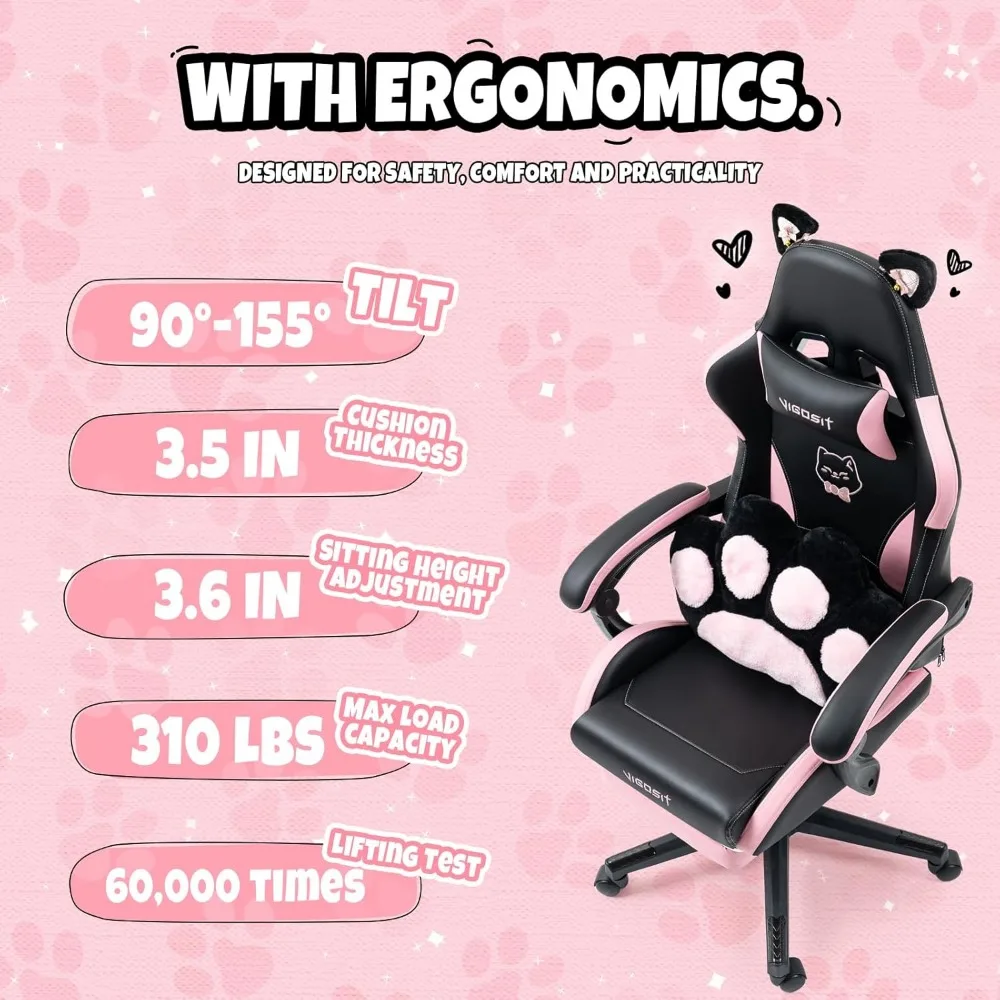 Ergonomic Gaming Chair with Footrest, Cute Cat Ear Design, Comfortable Desk Chair for Women, Ideal for Gamers and Office Use