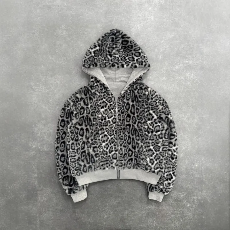 Street Hipster Hooded Fleece 2025 Autumn / Winter Both Sides Can Wear Leopard Restoring Ancient Ways Zipper Hoodie Pocket Blouse