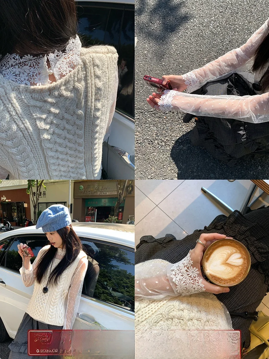 

Sinbounboun Women's Lace Insert Slim Fit Long Sve T-irt Hollow out Design f High Collar Spring 2026 Cotton Polyester ...