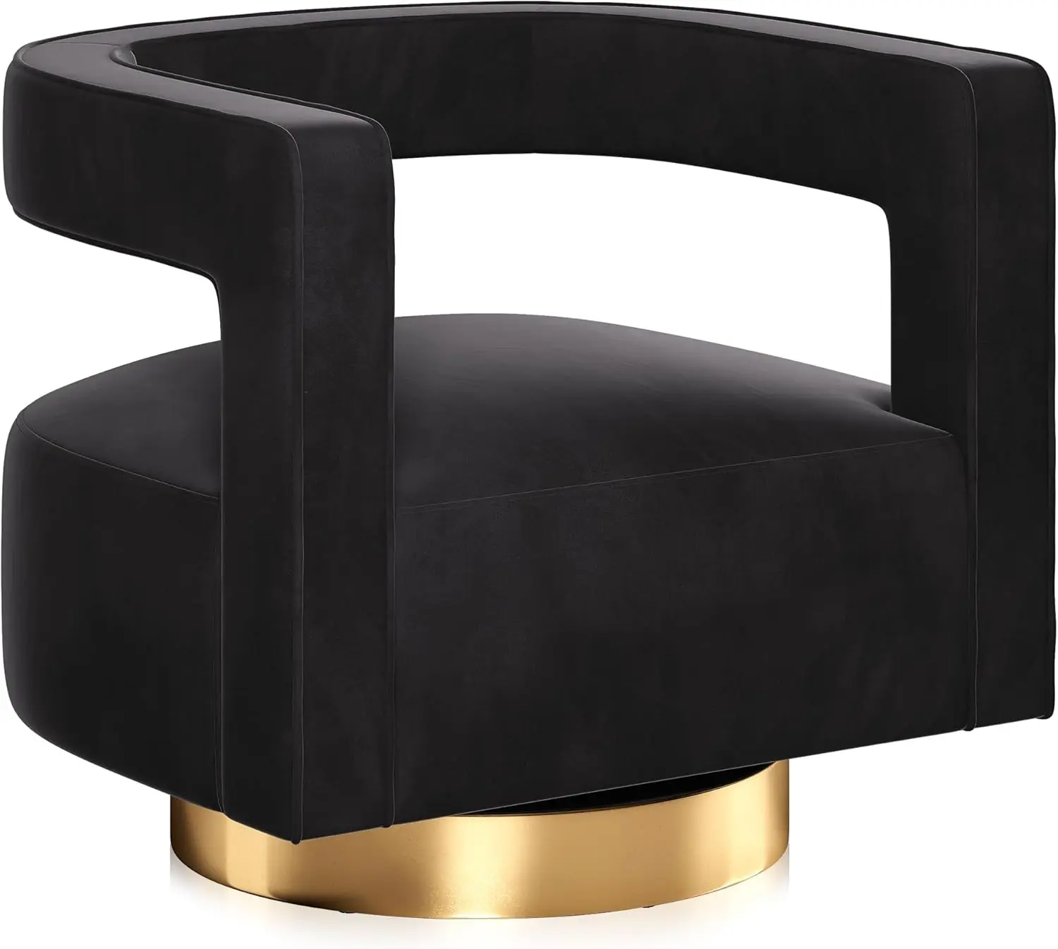 Swivel Barrel Accent Chair, Modern Velvet Armchair with Gold Base and Wood Frame, 360° Rotate, Black
