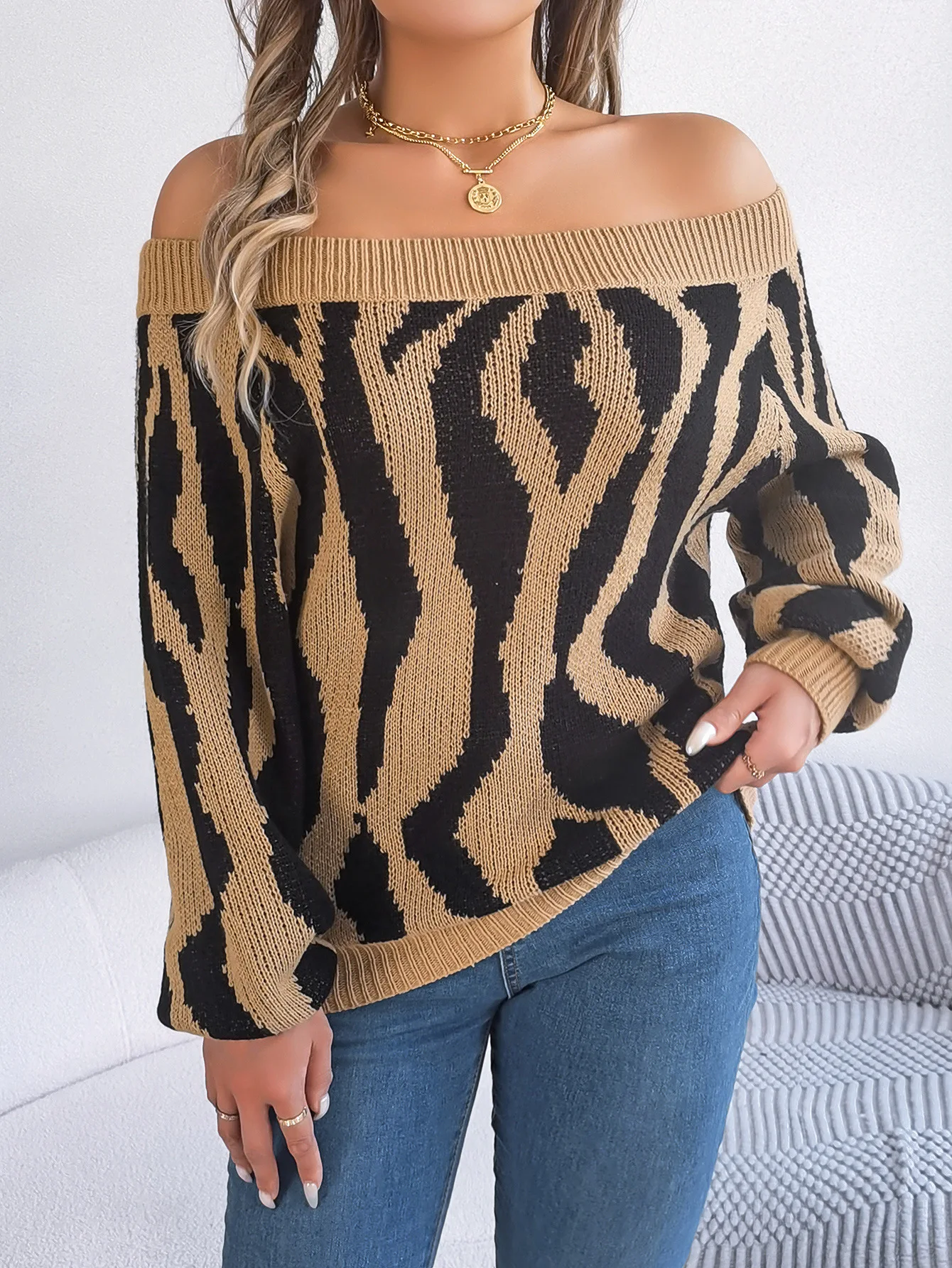 Autumn and Winter Women's Solid Color Pullover One Line Neck Contrast Loose Fit Long Sleeve Sweater Underlay Fashion Tops