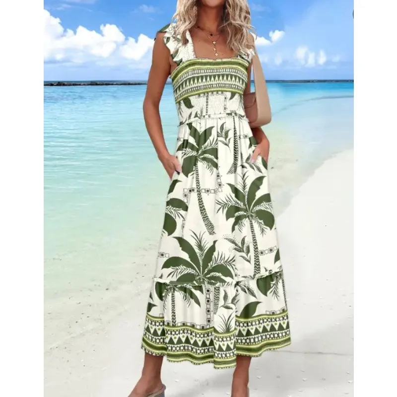 Robe mi-longue élégante sans manches pour femmes, nouvelle mode, cintrée à la taille, Style vacances, imprimé floral, taille élastique