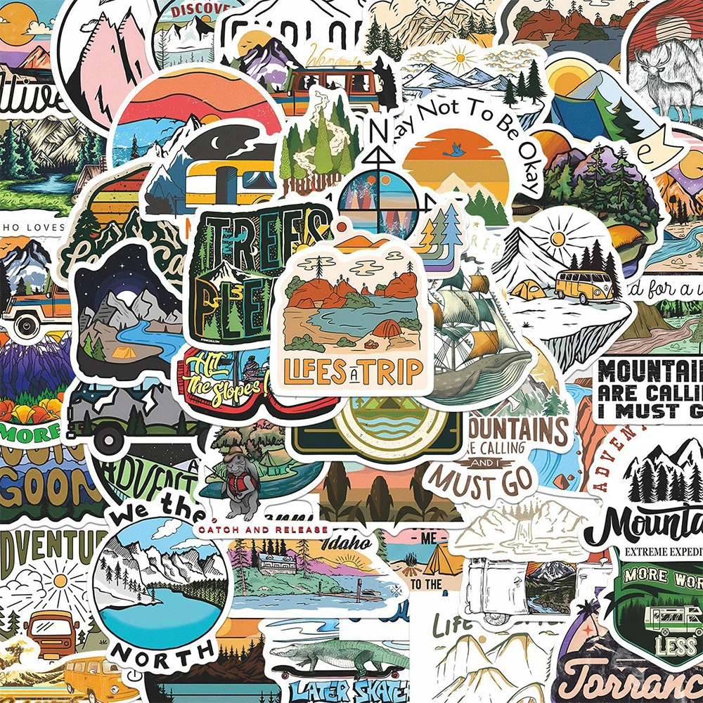 

10/30/50/100pcs Forest Camping Hiking Cartoon Stickers Cool Outdoor Travel Scenery Decals Waterproof Graffiti Phone Laptop