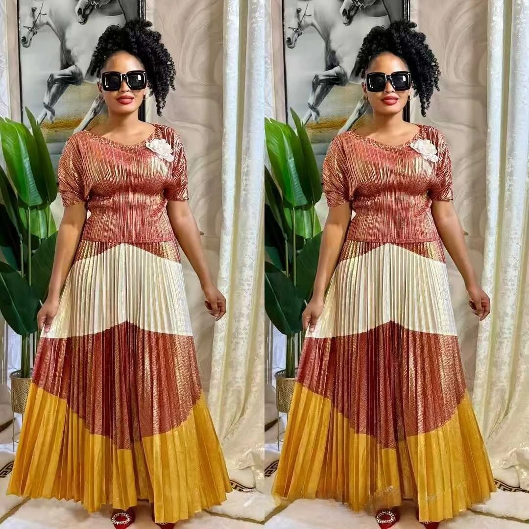 

Miyak Bronzing Pleated Set Three-dimensional Disc Flower Bat Sleeve Top + High Waist Wide Leg Long Pants Two-piece Set