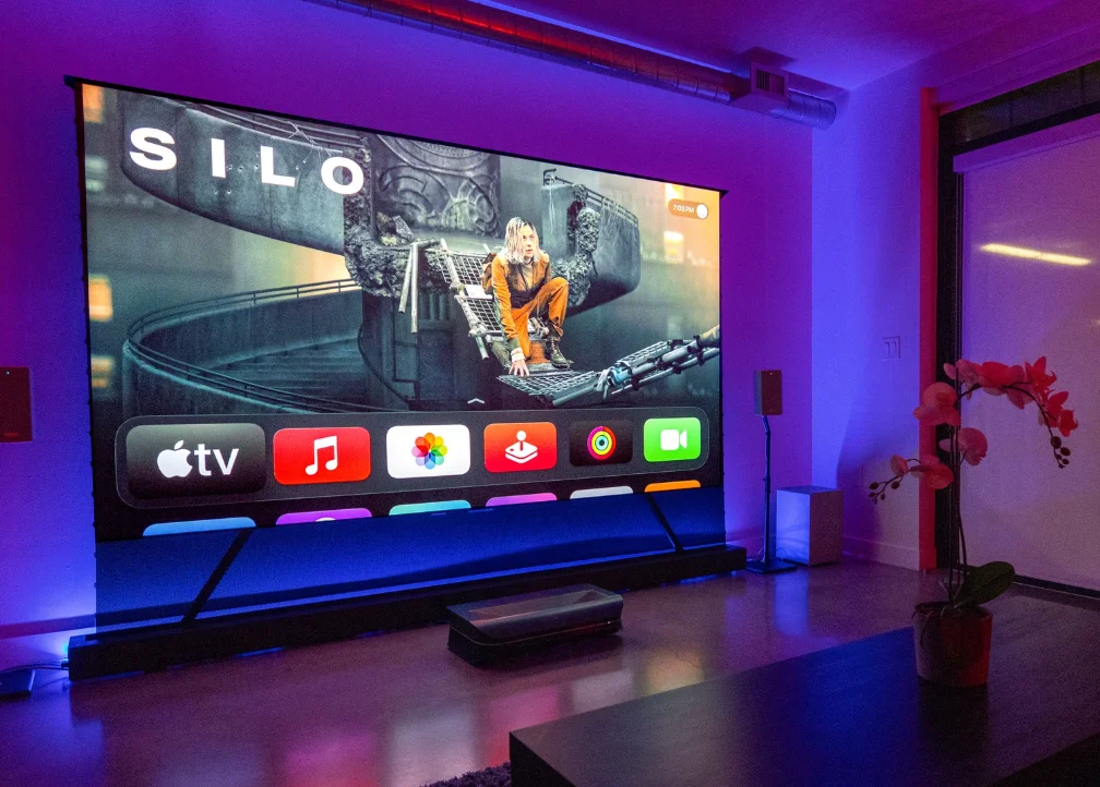 Factory Direct 72"~120" T-Prism Ultra Short Throw 4K Ambient Light Rejecting Motorized Floor Rising Projector Screen Home Cinema