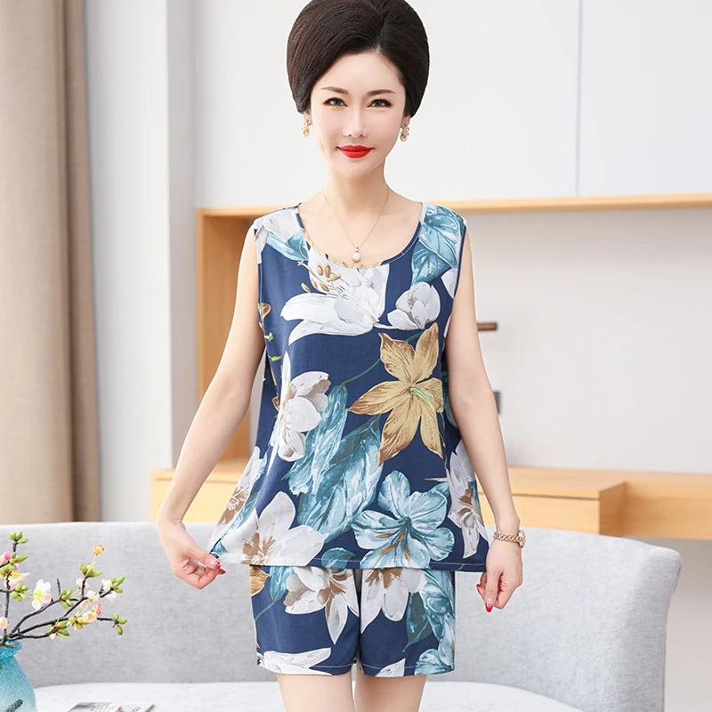 Summer Women's Sleepwear Floral Print Pajamas Women Knited Cotton Pajama Set Vest Pijama