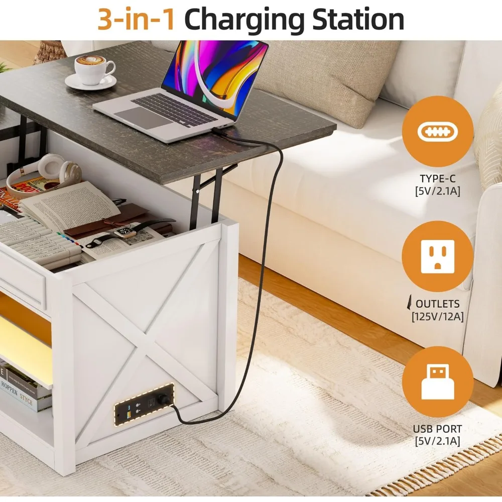 48 طاولة قهوة للمزرعة مع سطح رفع، طاولة مركزية LED مع ضوء مستشعر بشري، طاولة قهوة قابلة للرفع