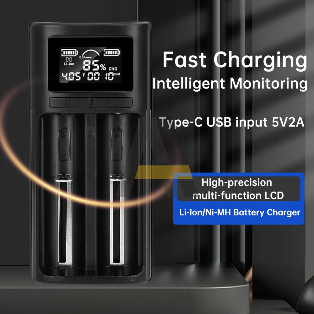 

18650 21700 A AA AAA Battery Charger LCD Display 2 Slots Smart Charger for Li-ion Ni-MH Ni-CD 26650 22700 5V/2A Type-C USB Batte