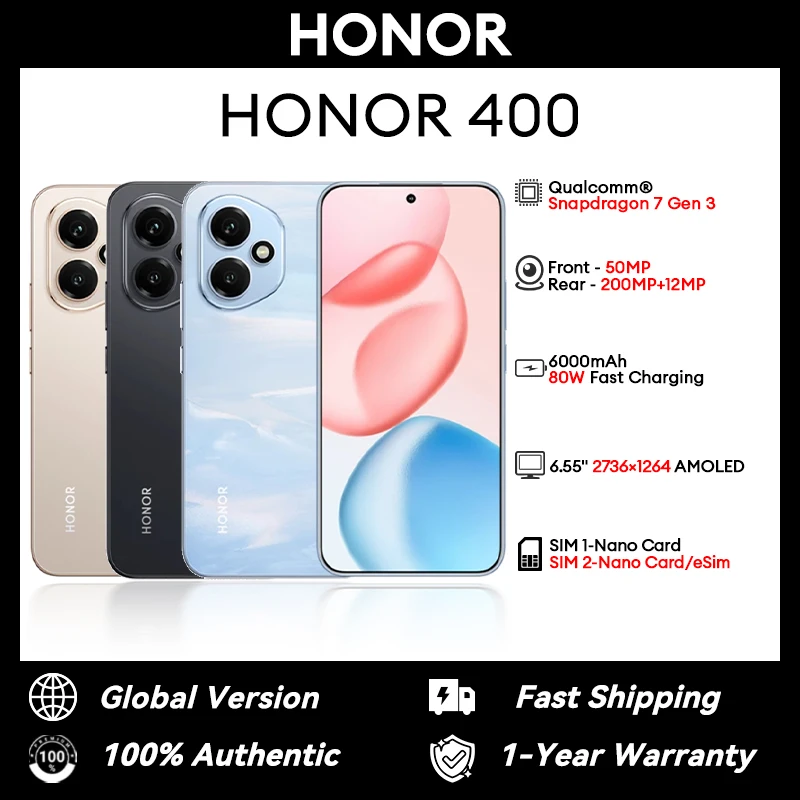 الإصدار العالمي Honor 400 DNY-NX9 Snapdragon 7 Gen 3 6.55 "2736×1264 AMOLED 200MP 6000mAh 80W شحن سريع NFC