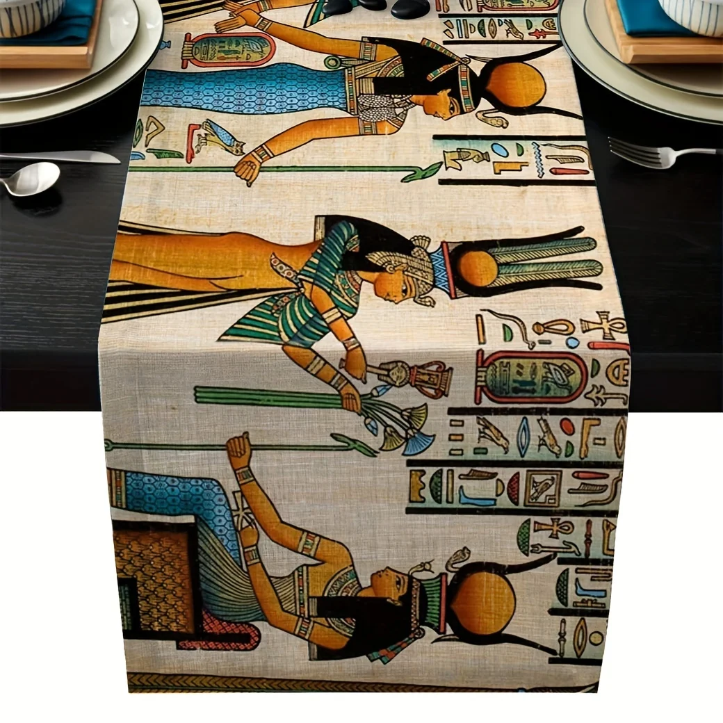 

Ancient Egyptian Mural Ethinic Linen Table Runner Holiday Decorations Reusable Farmhouse Kitchen Dining Table Runner Party Decor