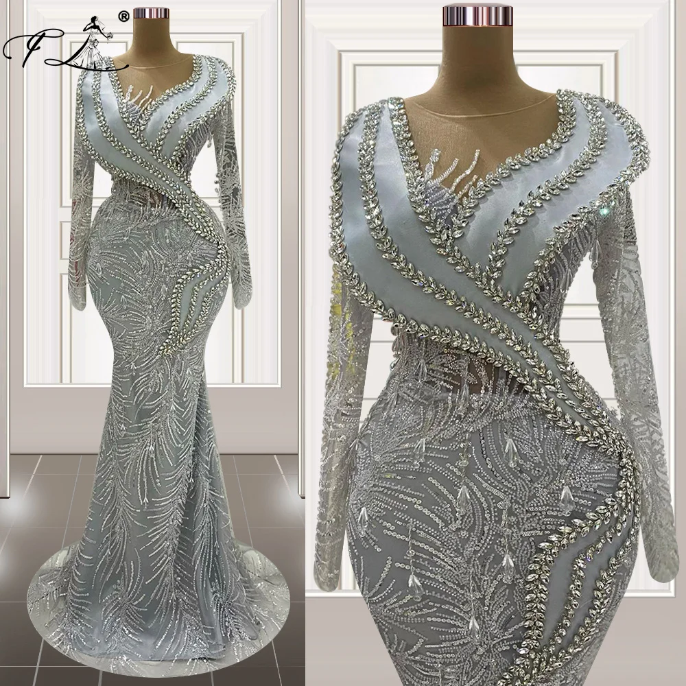 

Dubai Silver Mermaid Evening Dresses Long Sleeves Beading Saudi Arabia Wedding Party Dress Vestidos De Fiesta Customized