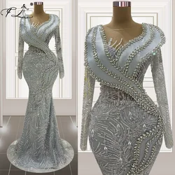 Dubai Silver Mermaid Evening Dresses Long Sleeves Beading Saudi Arabia Wedding Party Dress Vestidos De Fiesta Customized