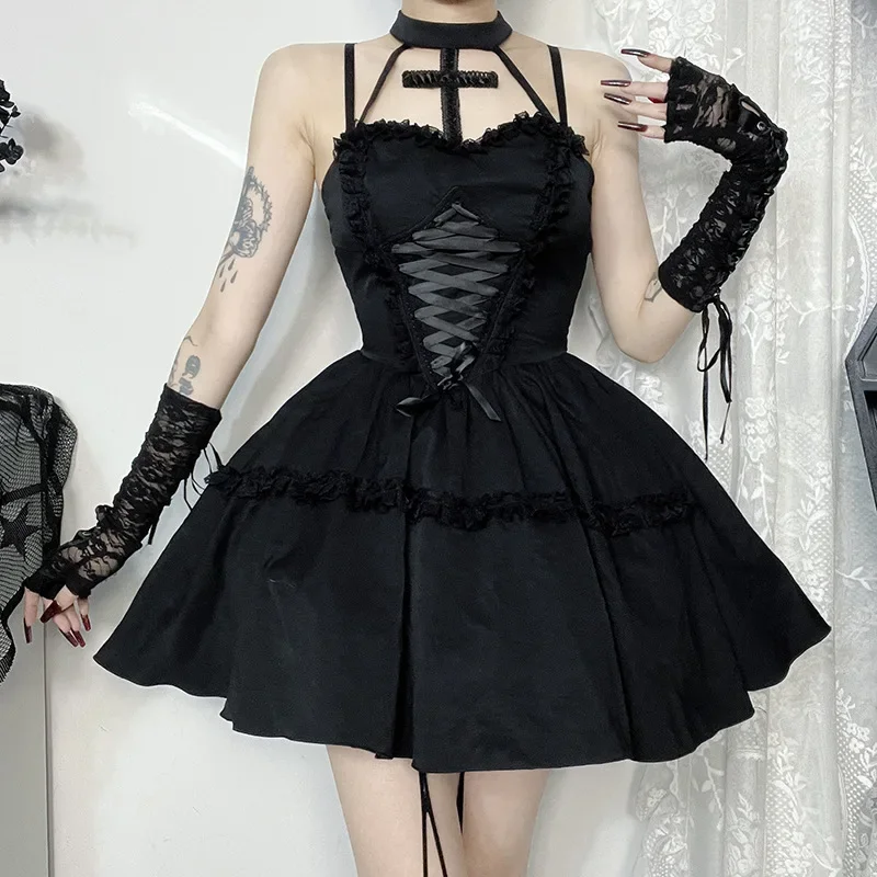 

Dark Mall Gothic Emo Jacquard A-line Sexy Dresses Elegant Ruched Bandage Partywear Punk Black Women Halloween Club Dress