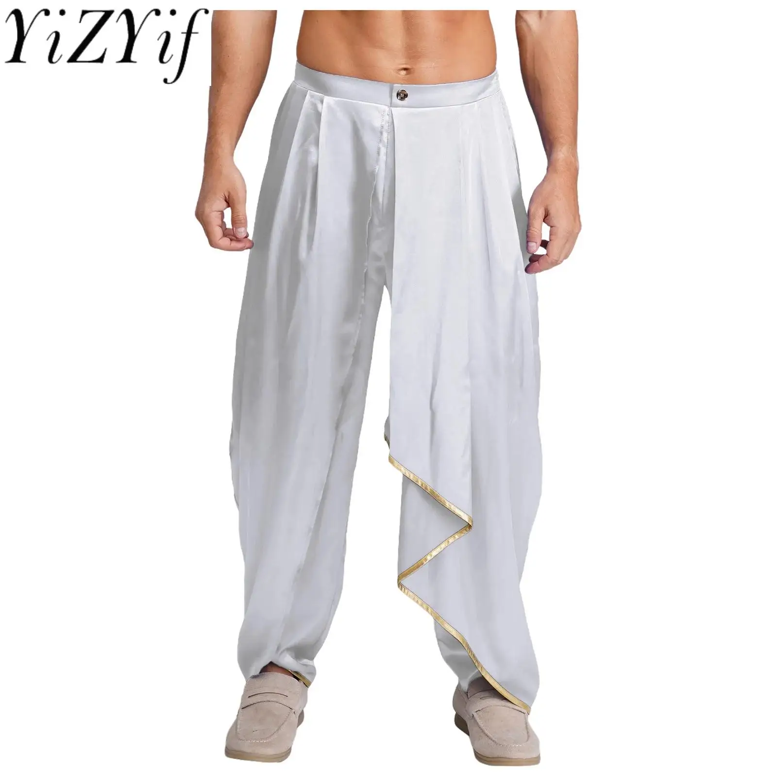 

Men's Halloween Medieval Renaissance Arabic Prince Cosplay Pleated Drapes Dhoti Pants Satin Baggy Trousers for Theme Party