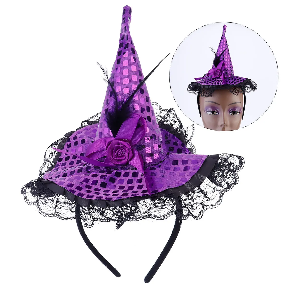 

Witch Hat Headdress Girls Child Plastic Hairband Halloween Hoop Sequin Lightweight Comfortable Cosplay Party Accessories
