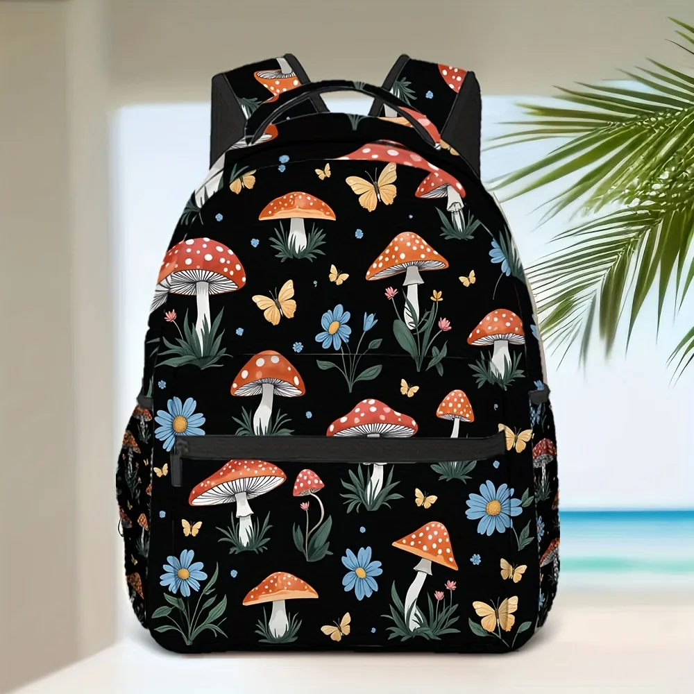 Black Mushroom Butterfly Print Backpack Lightweight Hand Washable Vibrant Floral Fungal Design Durable Zippers