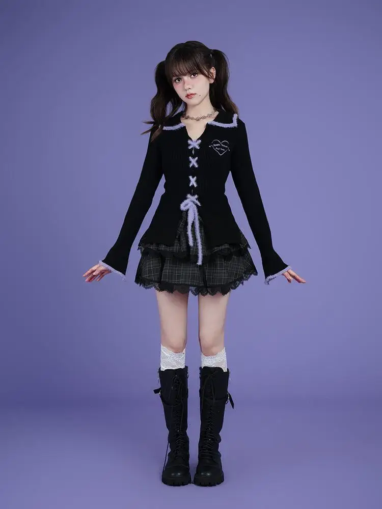 QWEEK Y2k Coquette Gothic Goht Kawaii Cute Bandage Sweater Women Sweet Girl Heart Love Embroidery Cardigan 2024 Autumn Winter