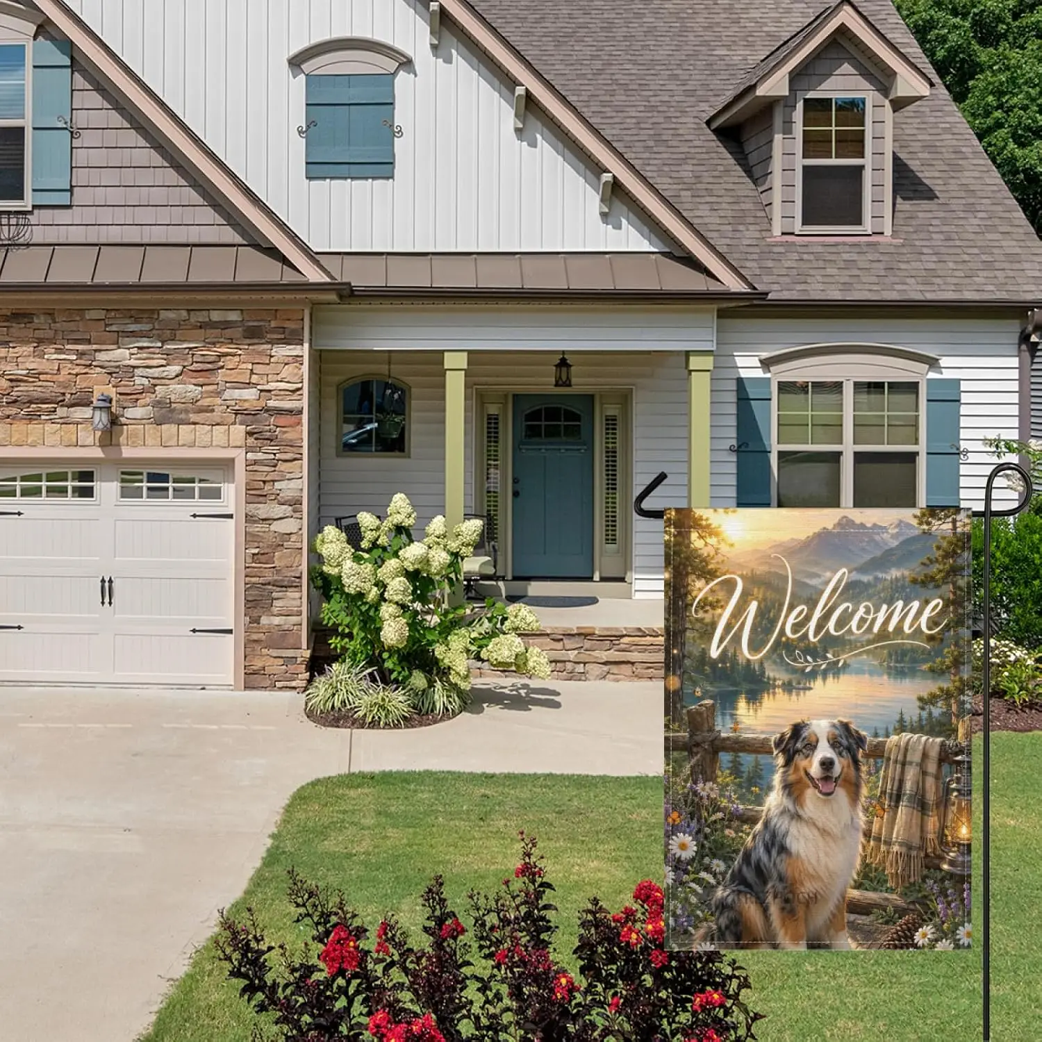 Welcome Spring Summer Fun Australian Shepherd Dog Garden Flag 28x40Inch,Mountain Lake Cabin Outdoor Yard Decor,Cute Animal R yyi