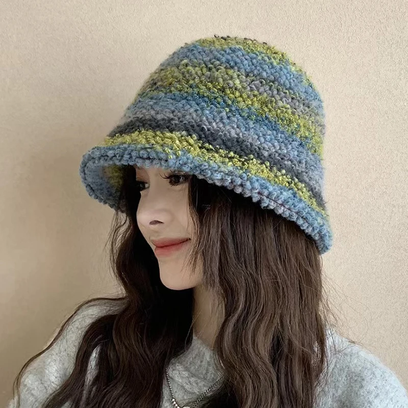 Autumn Winter New Colorful Knitted Bucket Hat for Women Korean Fashion Dopamine Warm Fisherman Hat Japanese Causal Thick Panama