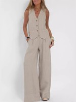Fashion Vest And Pants Sets For Women Cotton Solid Casual Suit Patchwork Sleeveless Button Top + Pants 2 Piece Set Office Ladies