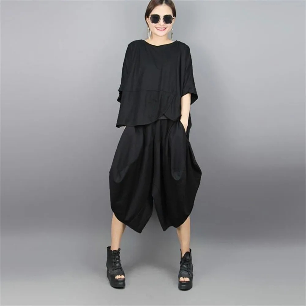 

Women's Two-Piece Set Short Sleeve O-Neck T-Shirt+Wide Leg Pants Summer Top Fashion Black Loose Shirts Oversized Lantern Pants