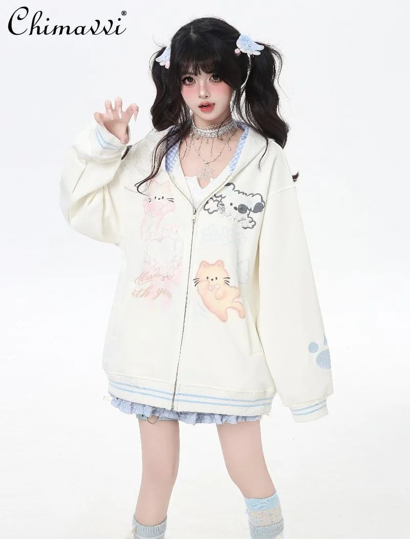 2025 roupas de outono nova moda solta kawaii jaqueta feminina bonito meninas feminino doce renda xadrez gato impressão com capuz manga longa casaco