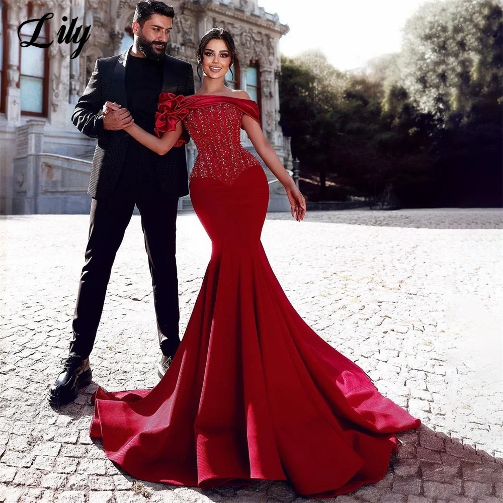 Lily Red Gorgeous Off-Shoulder Prom Dresses Shiny Sequins Evening Gown for Woman 3D-Flowers Satin Party Dress for Wedding 프롬 드레스