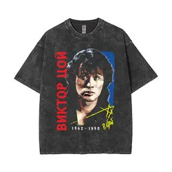 Washed Vintage 80s Rusian Rock Viktor Tsoi Kino Graphic T-shirts Men's Classic T Shirt Men Women Trendy Oversized Short Sleeve