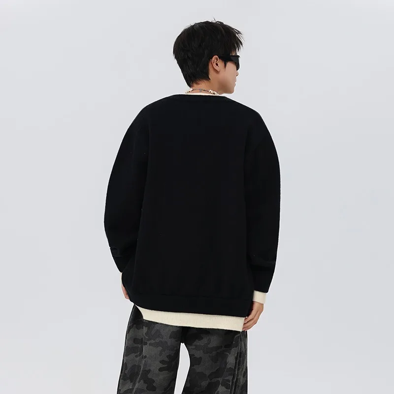 

Color blocking splicing fake two-piece cardigan sweater jacket men's winter hooligan cool base knit sweater top
