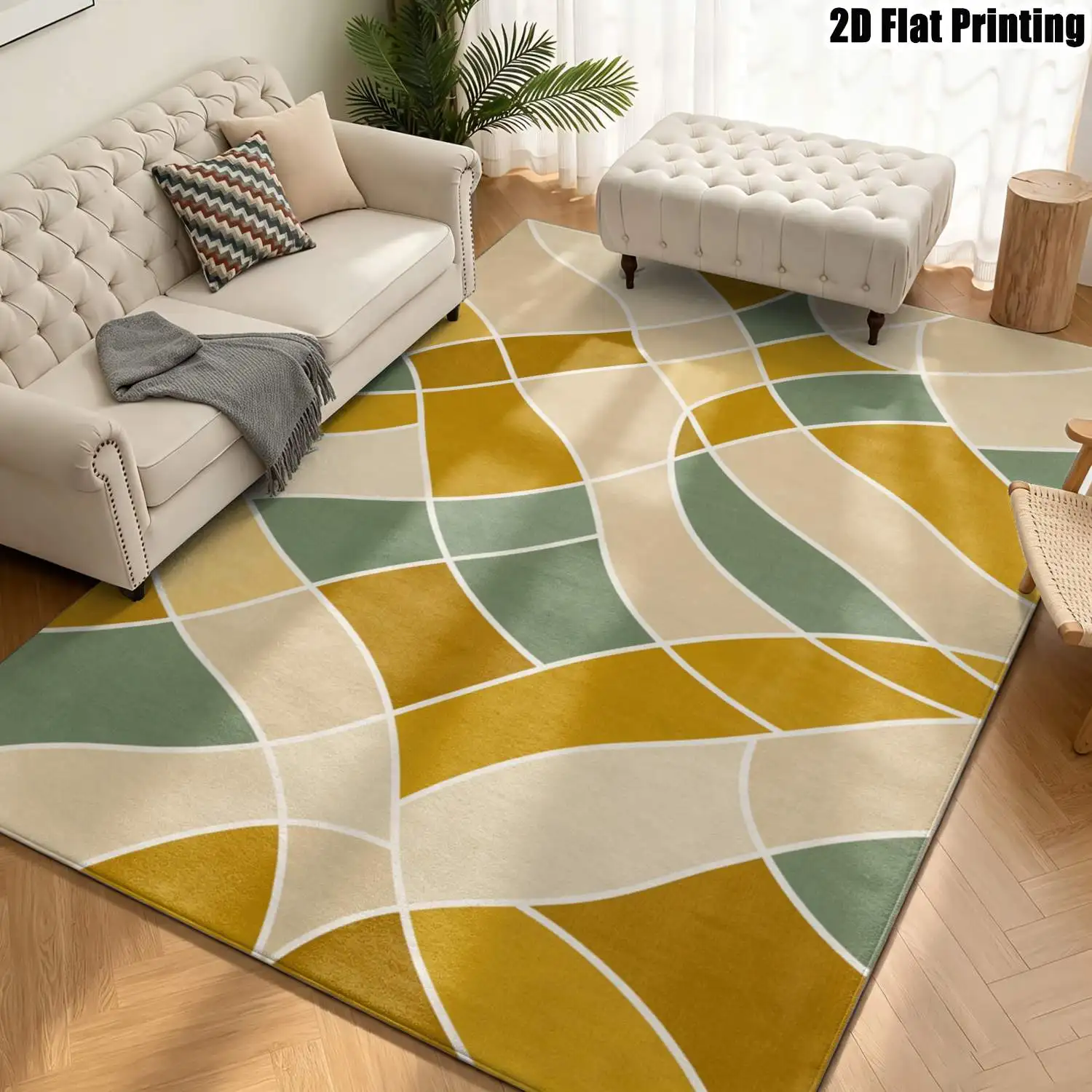 1Pc 2D Printed Carpet: Yellow-Green Geometric Line, Nordic/Instagram-Style, Modern Minimalist Floor Mat, Multi-Size Machine-Washable Home Decor for Living Room, Bedroom, Dining Room, Entrance and Study
