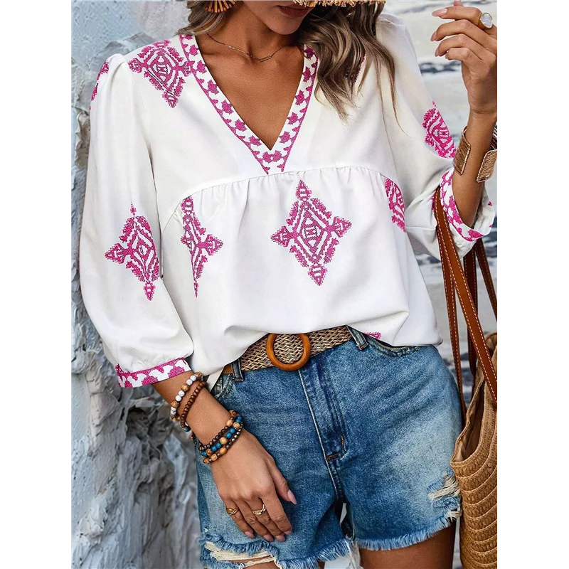 A83F-chemisiers décontractés en mousseline de soie pour femmes, col en V, imprimé Floral, manches 3/4, style Boho, hauts d'été