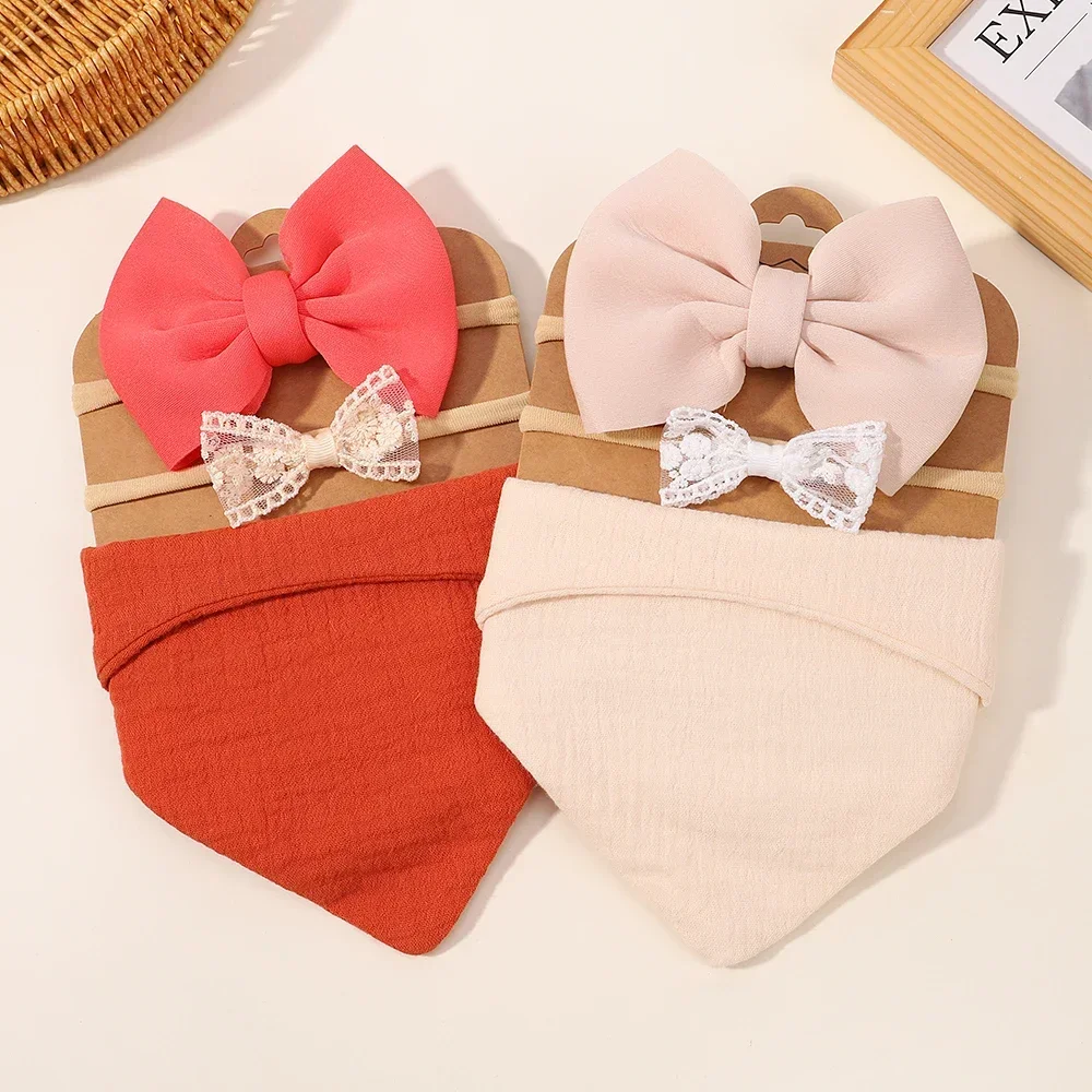 3pcs/set Baby Headbands Bibs Set Lovely Lace Bows Hairbands Solid Color Cotton Feedding Protect Bib Big Nylon Bowknot Headband