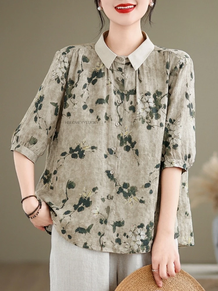 

Simple Literary Printing Temperament Reduces Age And Covers The Belly Chinese Style Popularity Spring Summer Women's Blouse