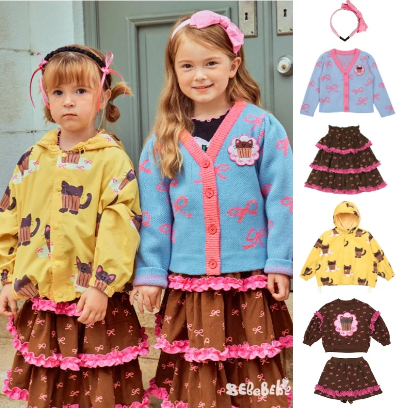 

Girls Sweater 2025 Autumn New Blue Printed Bow Knitted Cardigan Cotton Cute Girls Sweatshirt Hooded Jacket Children's Clothing