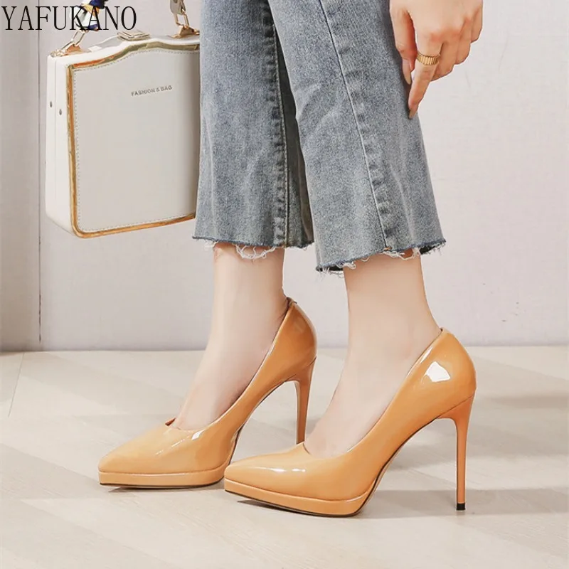 

Nude Patent Leather Lady Pumps Classic Basic Stiletto Pointed Platform Single Shoes Sexy Party Prom Shoes 11Cm Super High Heels