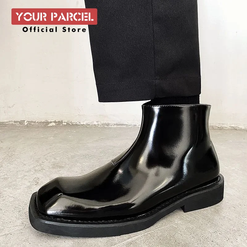 Dark Square Headed Riding Boots for Men's Bright Leather High end New Short Boots Chelsea Boots British Style