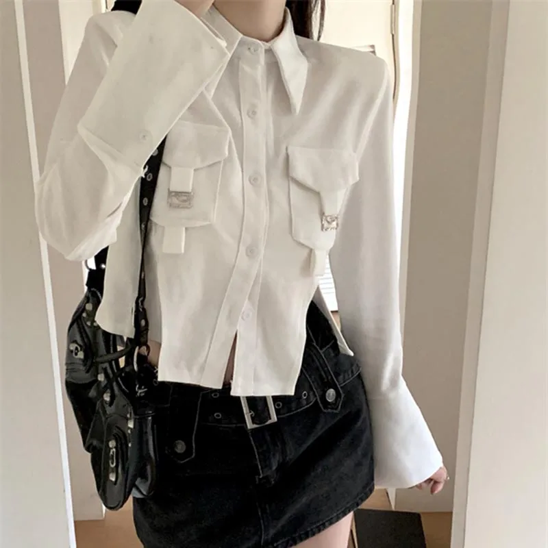 

Summer Korean Women Slim Irregular Blouse Casual Solid Single Breasted Ladies Fashion Longsleeve Shirt Blouse Female