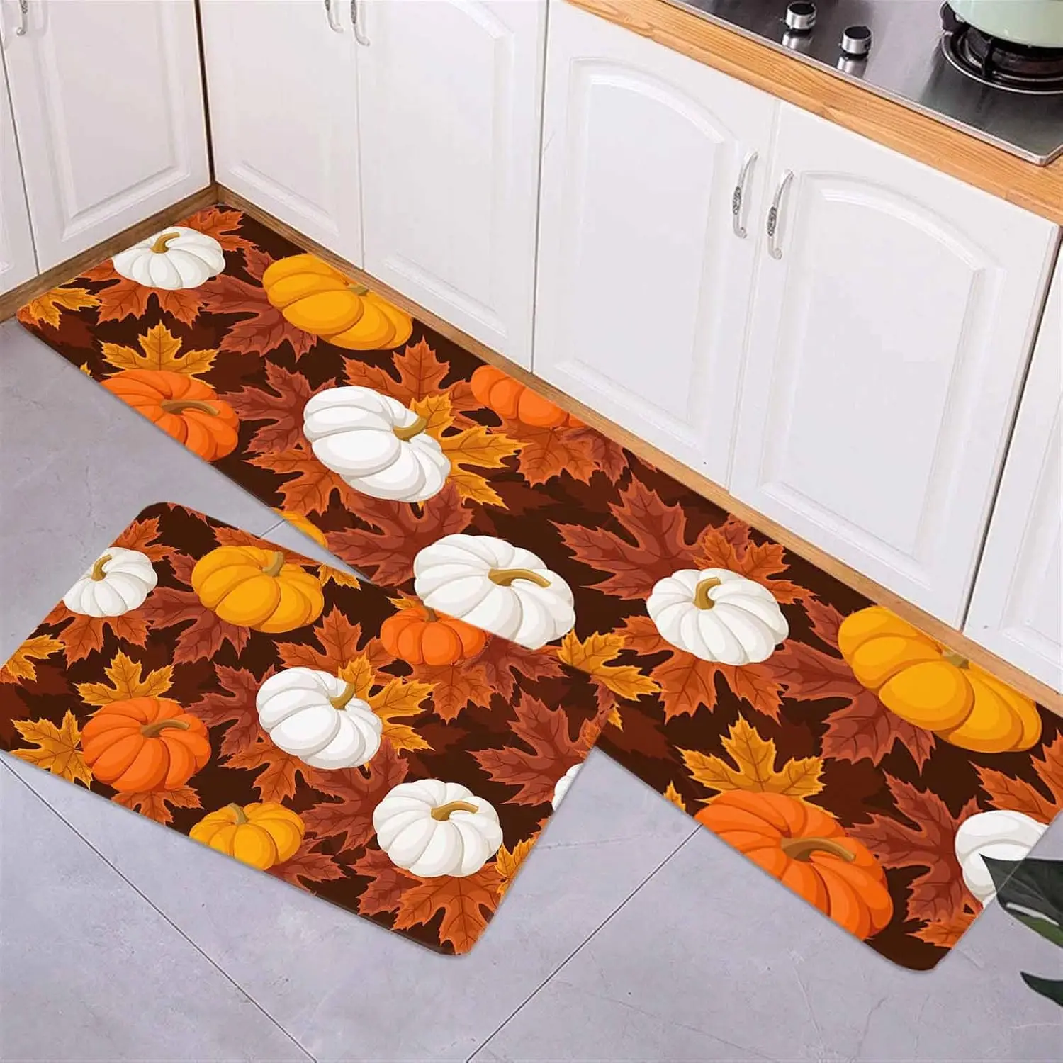 Thanksgiving Pumpkin Kitchen Mats Fall Maple Leaves Entrance Non-slip Doormat Bedroom Living Room Balcony Hallway Bath Floormat