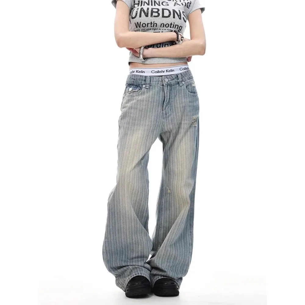 Dżinsy jeansowe w stylu retro amerykańskim z 2025 roku, luźne, z dziurami, w paski Waed, w stylu high street, lekko rozszerzane, o dopasowanym kroju, codzienne, długie spodnie dla kobiet i mężczyzn. — zdjęcie 2