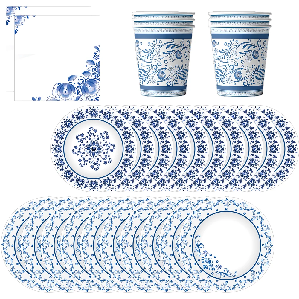 Blue and White Porcelain Sets Birthday Decorations Party Disposable Tableware Paper Napkins Cups Plates TableclothParty Supplies