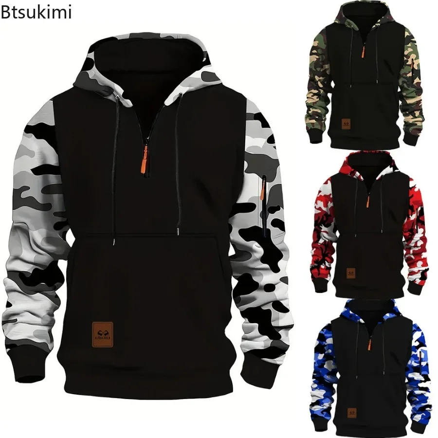 2026 Spring Autumn Men's Casual Hoodies Quality Arm Zipper Long Sleeve Pullovers Trend Camouflage Color Blocking Men Sweatshirts