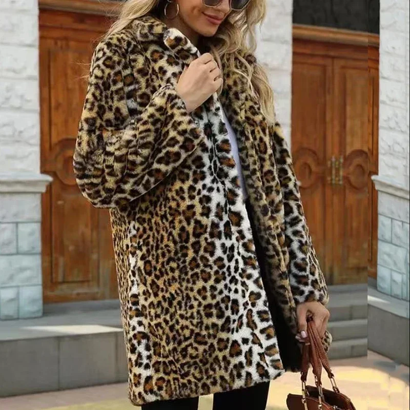Europe Amérique femmes léopard fausse fourrure manteau longue mode décontracté lâche fourrure pardessus grande taille épais chaud coupe-vent en peluche manteau